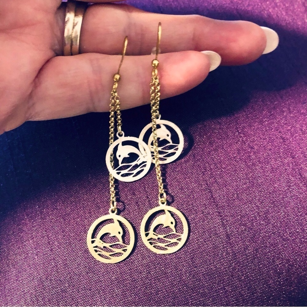 ISara Gold Dangly Double Dolphin Earrings GIFT Boxed